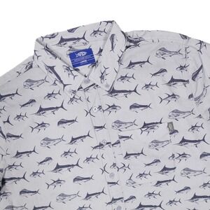 AFTCO Men's L Blue Fish Print Boat Bar Woven Short Sleeve Button Down Shirt